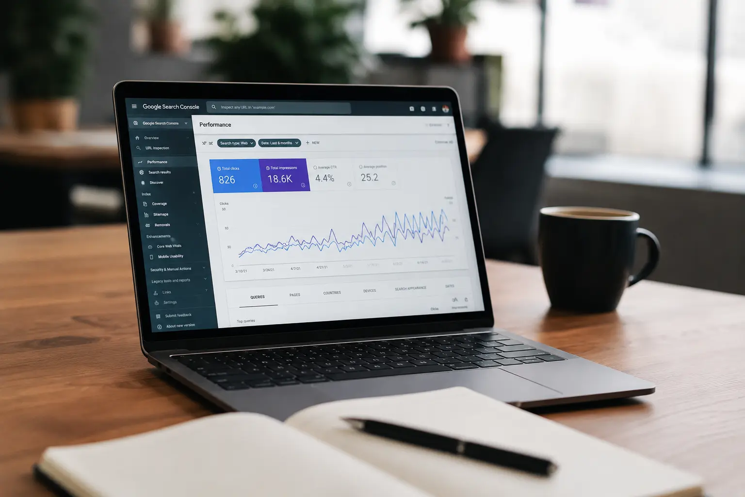 Website performance dashboard showing search visibility and growth results